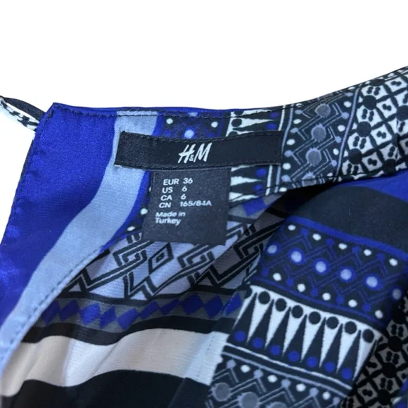 H&M Blue Geometric Scarf Print Shift Dress 3/4 Sleeve Keyhole Back Size 6 #185 - Picture 5 of 5